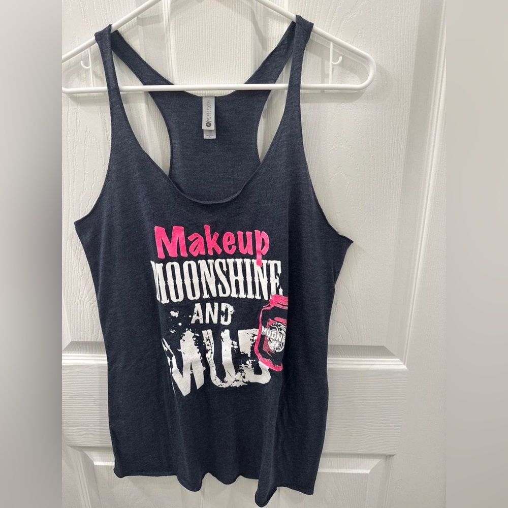 Next Level Apparel Navy Blue Gray Tank with Pink and White Graphic